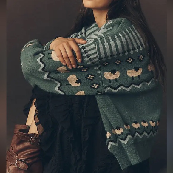 Maeve Anthropologie Tie Front Cardigan Sweater- Sheep Fairisle - Picture 3 of 9